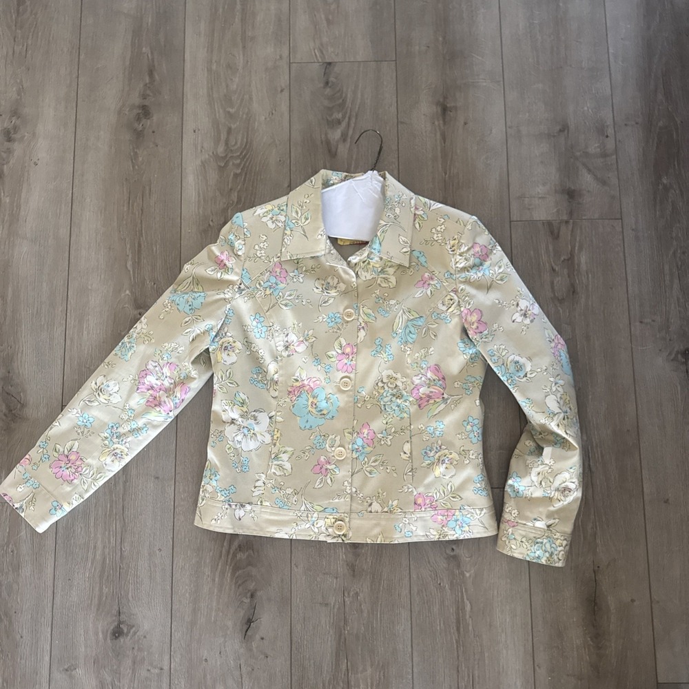 Vintage Oscar De La Renta Jacket Womens 12 Beige Floral Cotton Blend Blazer
